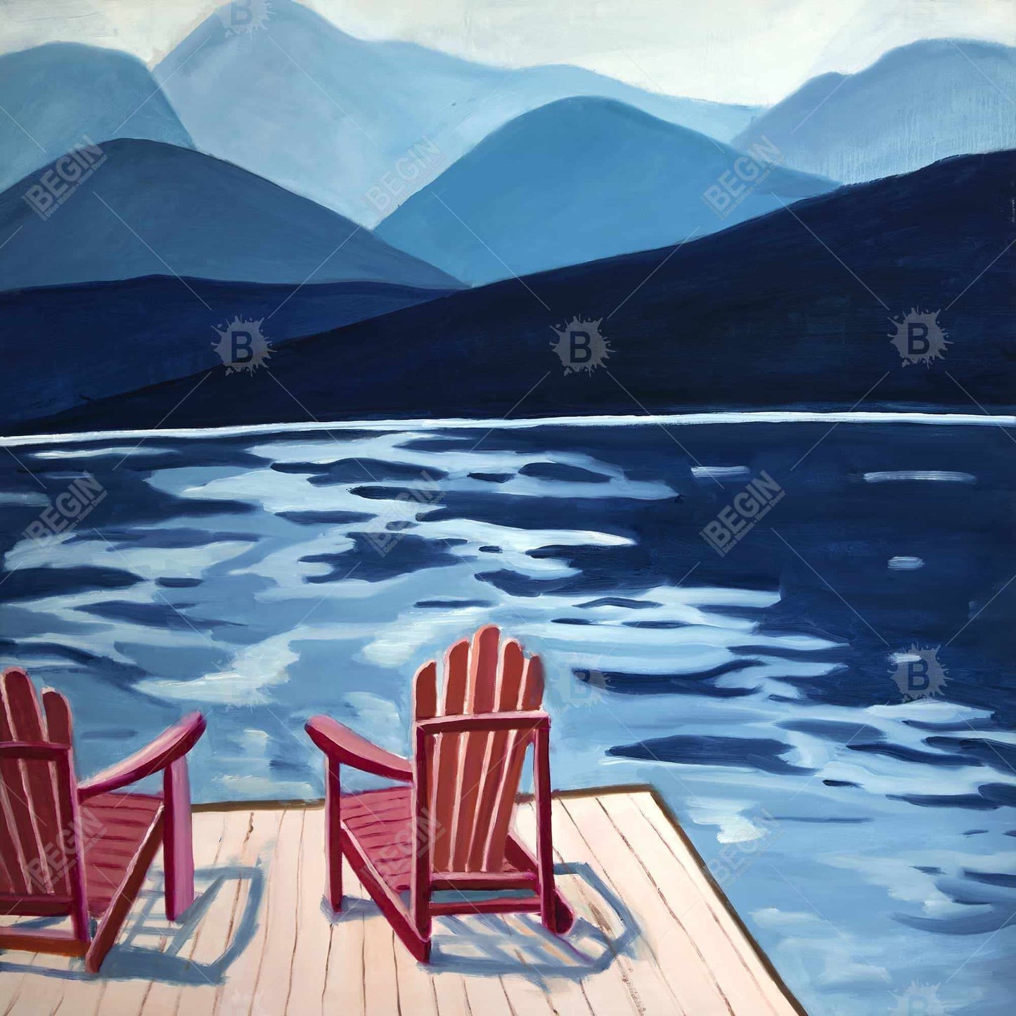 Mountains Marine Blue Canvas - Lake, Dock, Mountains & Chairs