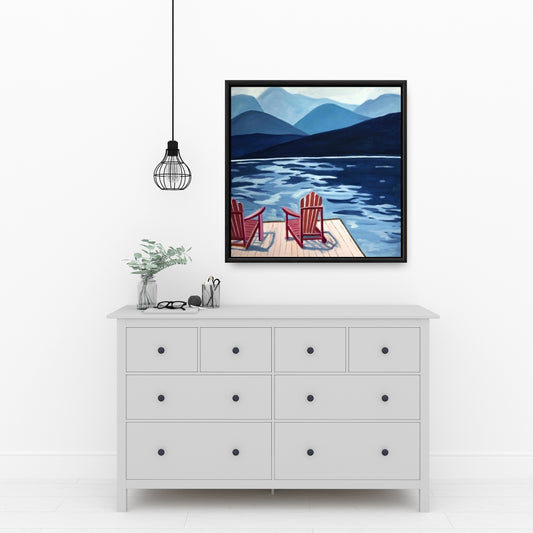 Mountains Marine Blue Canvas - Lake, Dock, Mountains & Chairs