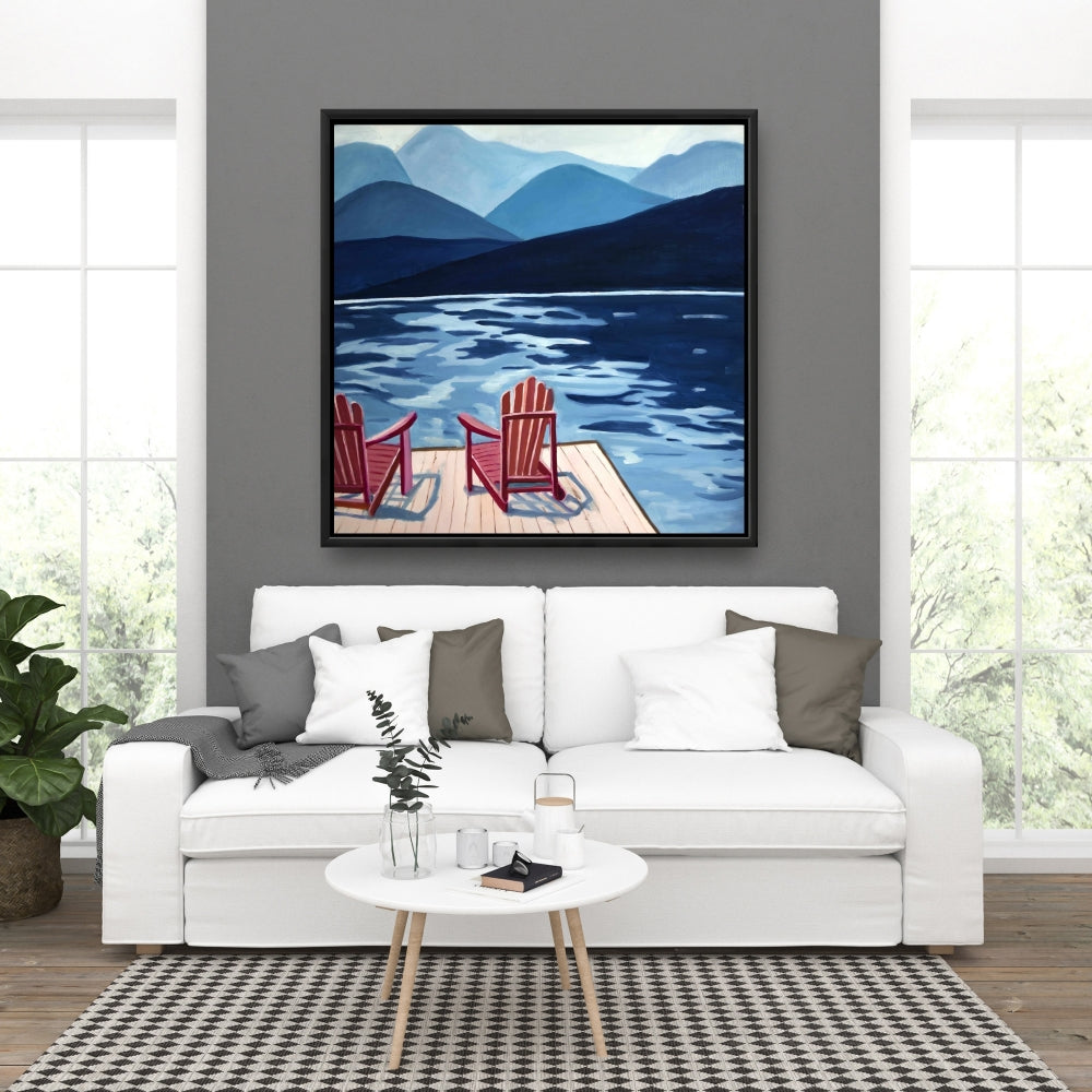 Mountains Marine Blue Canvas - Lake, Dock, Mountains & Chairs