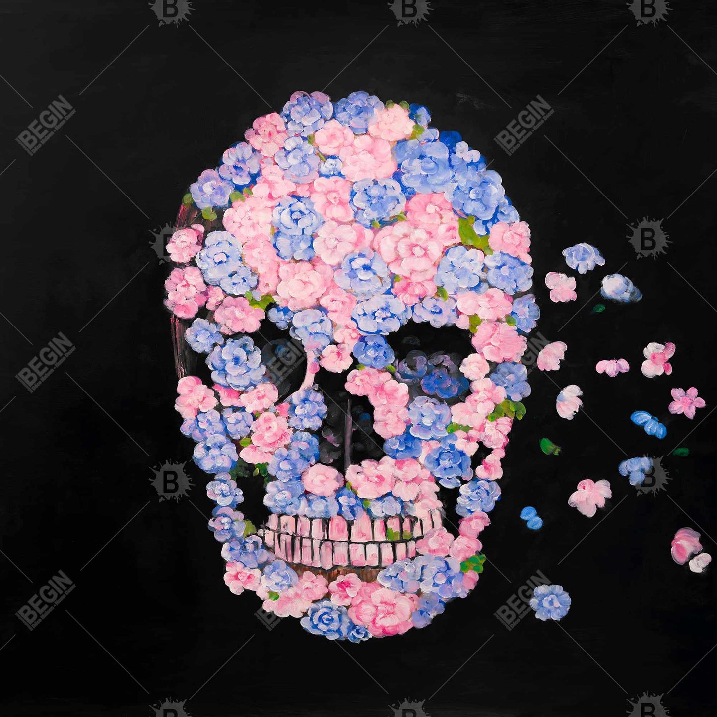 Blue Modern Flower Skull Framed Canvas - Bedroom Home Decor