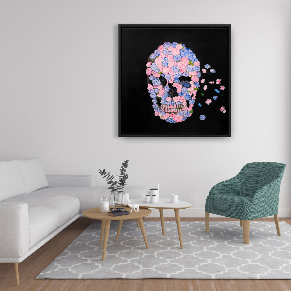 Blue Modern Flower Skull Framed Canvas - Bedroom Home Decor