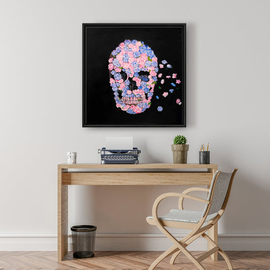 Blue Modern Flower Skull Framed Canvas - Bedroom Home Decor