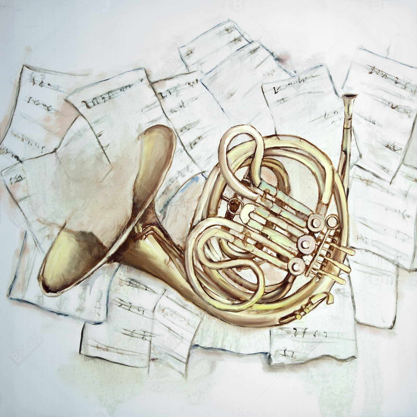 White Musical Bedroom Canvas | Horn on Music Sheet Decor