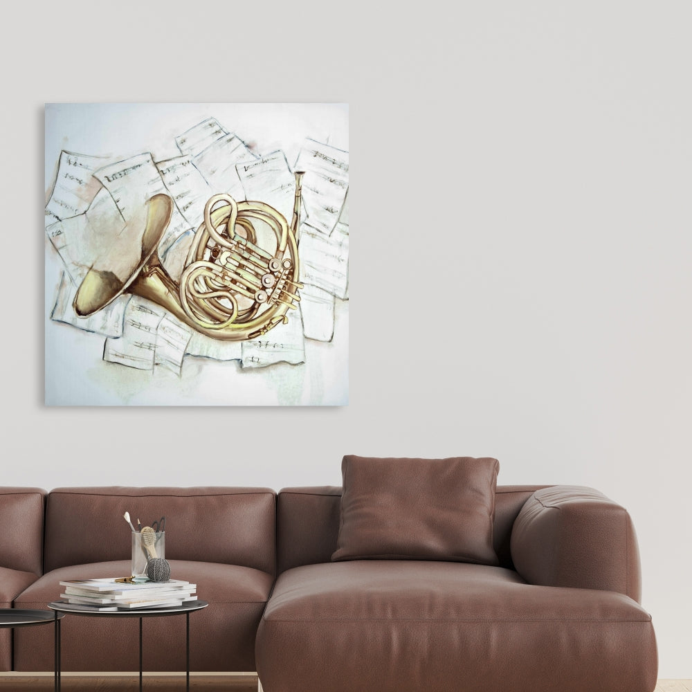 Horn on Music Sheet Canvas | Bedroom Wall Art Decor