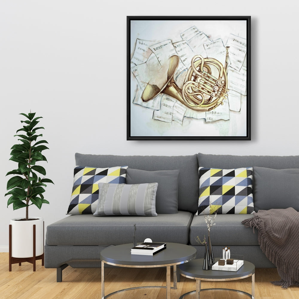White Musical Bedroom Canvas | Horn on Music Sheet Decor