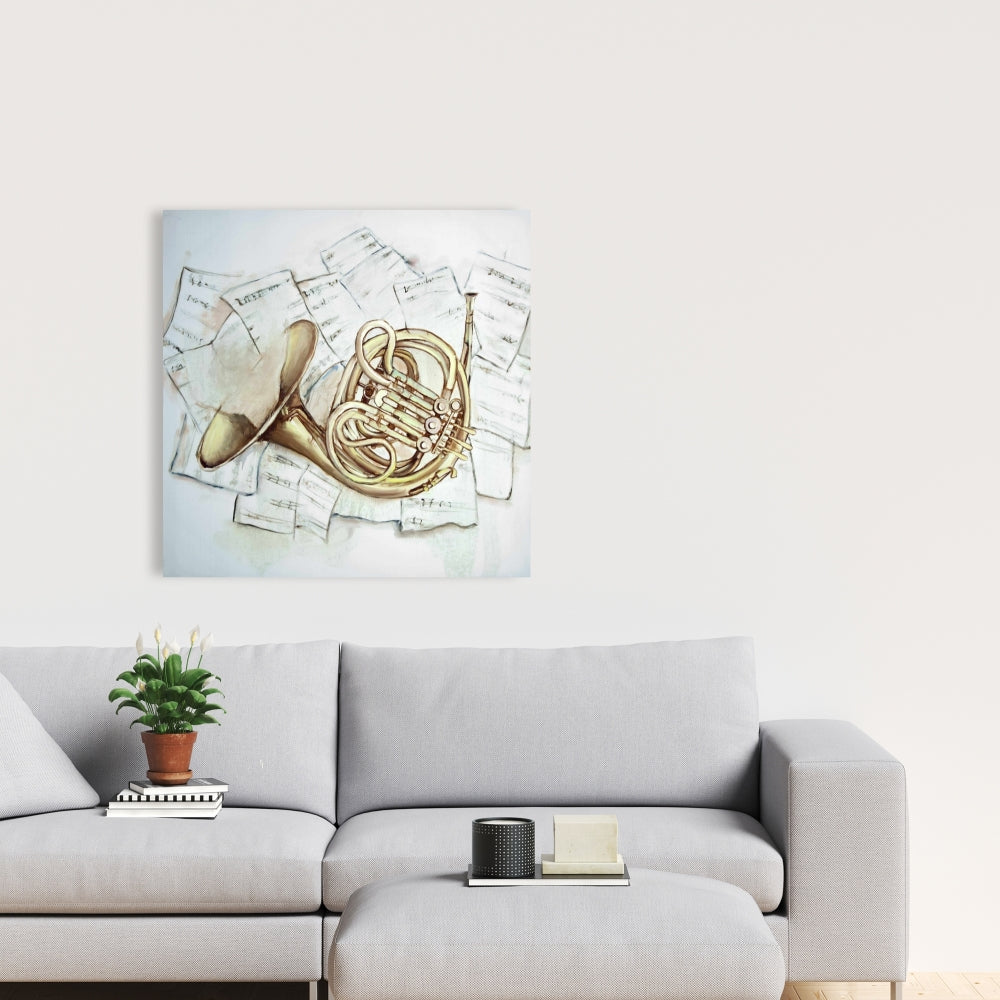 Horn on Music Sheet Canvas | Bedroom Wall Art Decor