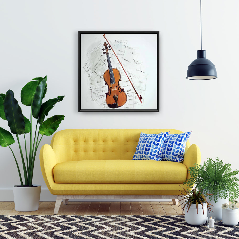 Violin on Music Sheet | White Framed Canvas | Home Decor