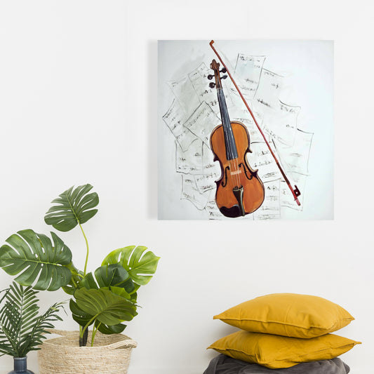 Toile « Violon sur partition » | Décoration murale blanche pour chambre à coucher
