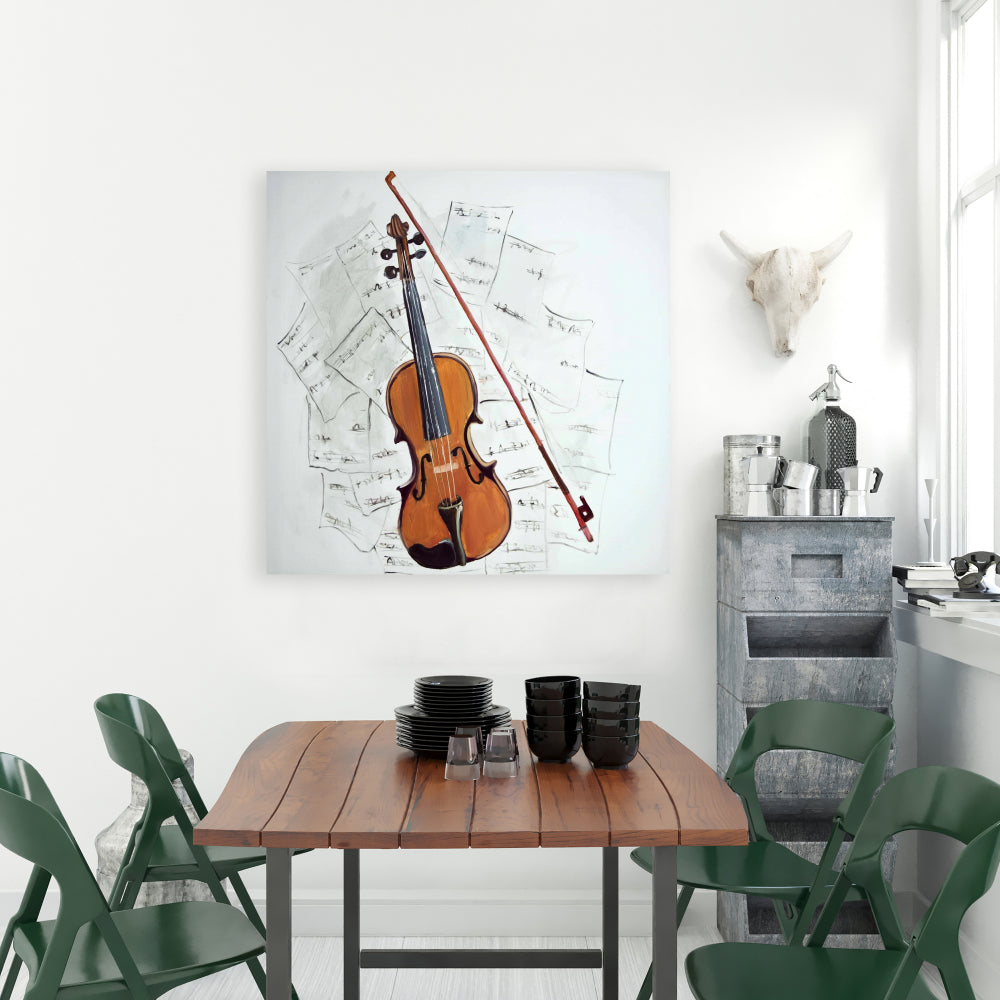 Toile « Violon sur partition » | Décoration murale blanche pour chambre à coucher