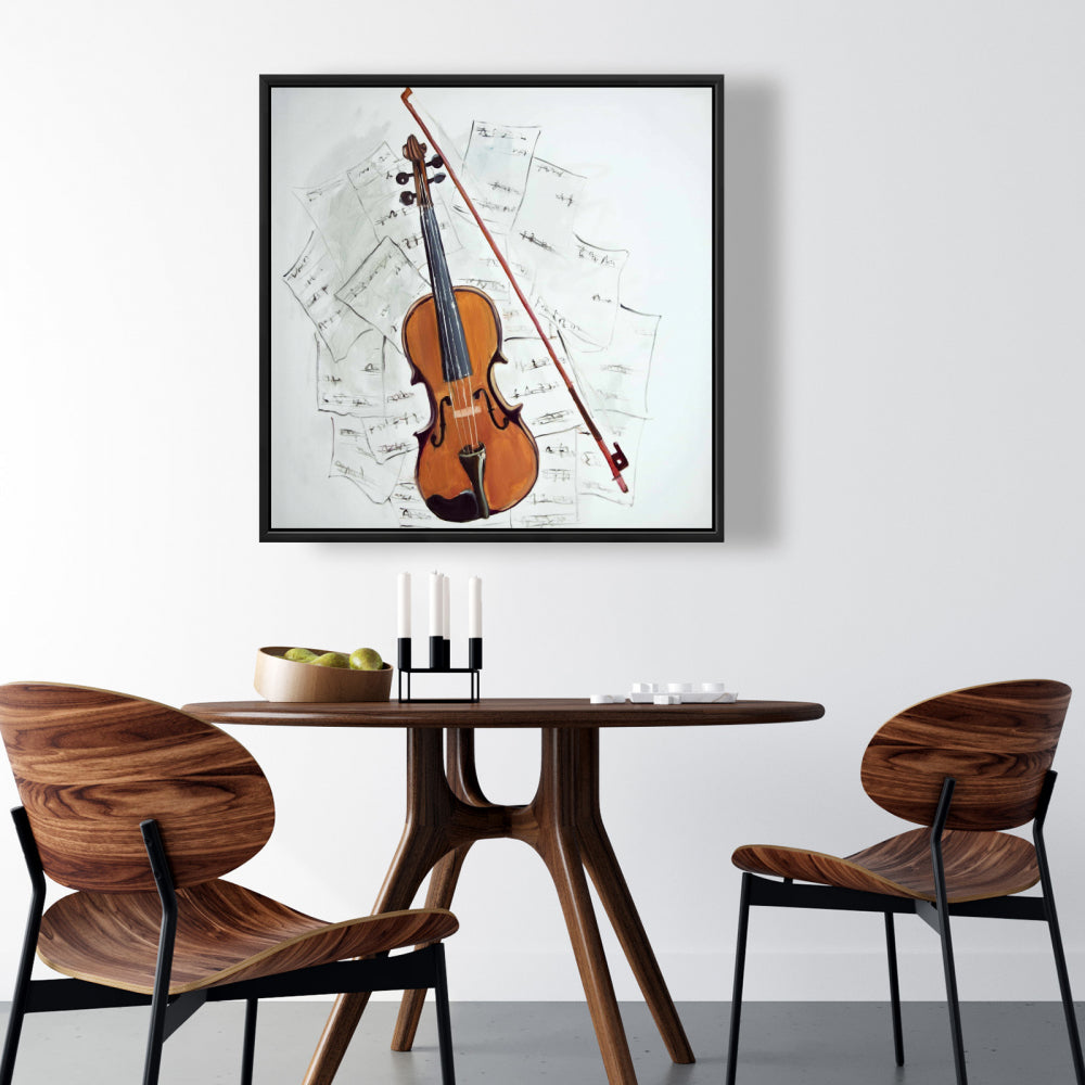 Violin on Music Sheet | White Framed Canvas | Home Decor