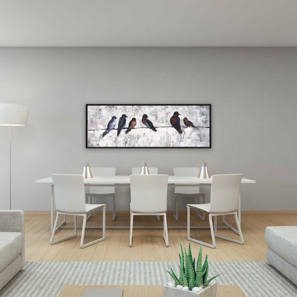 Toile contemporaine bleue - Décor d'oiseaux colorés sur des branches