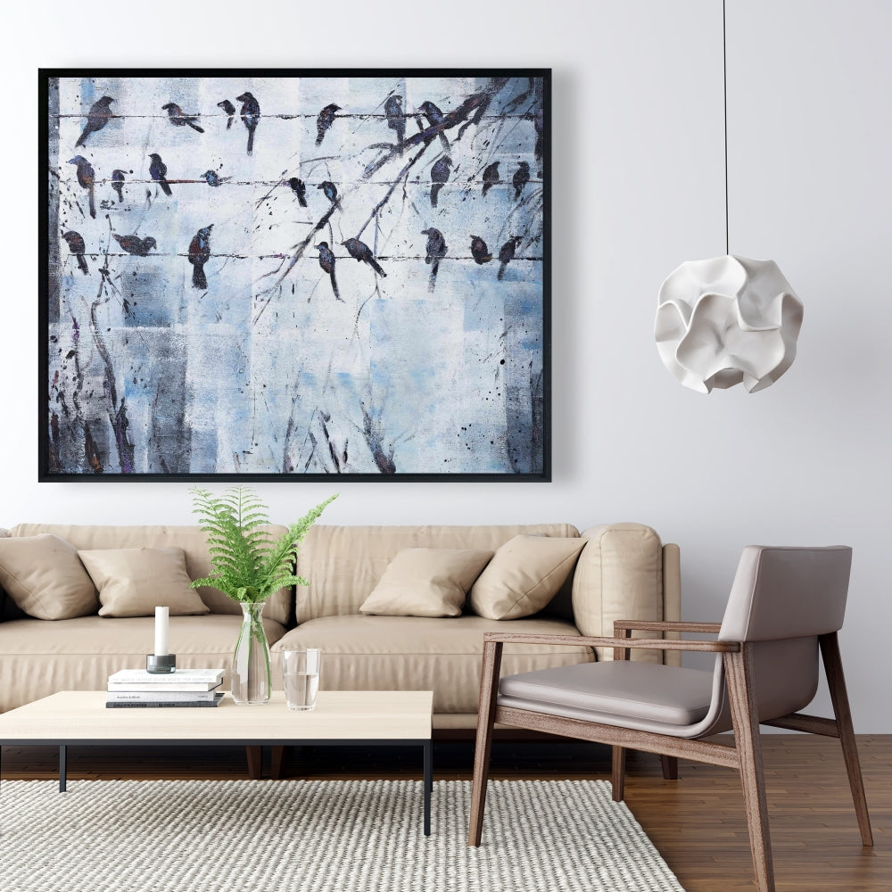 Toile encadrée Animaux bleus | Oiseaux abstraits sur fil de fer - Décoration d'intérieur