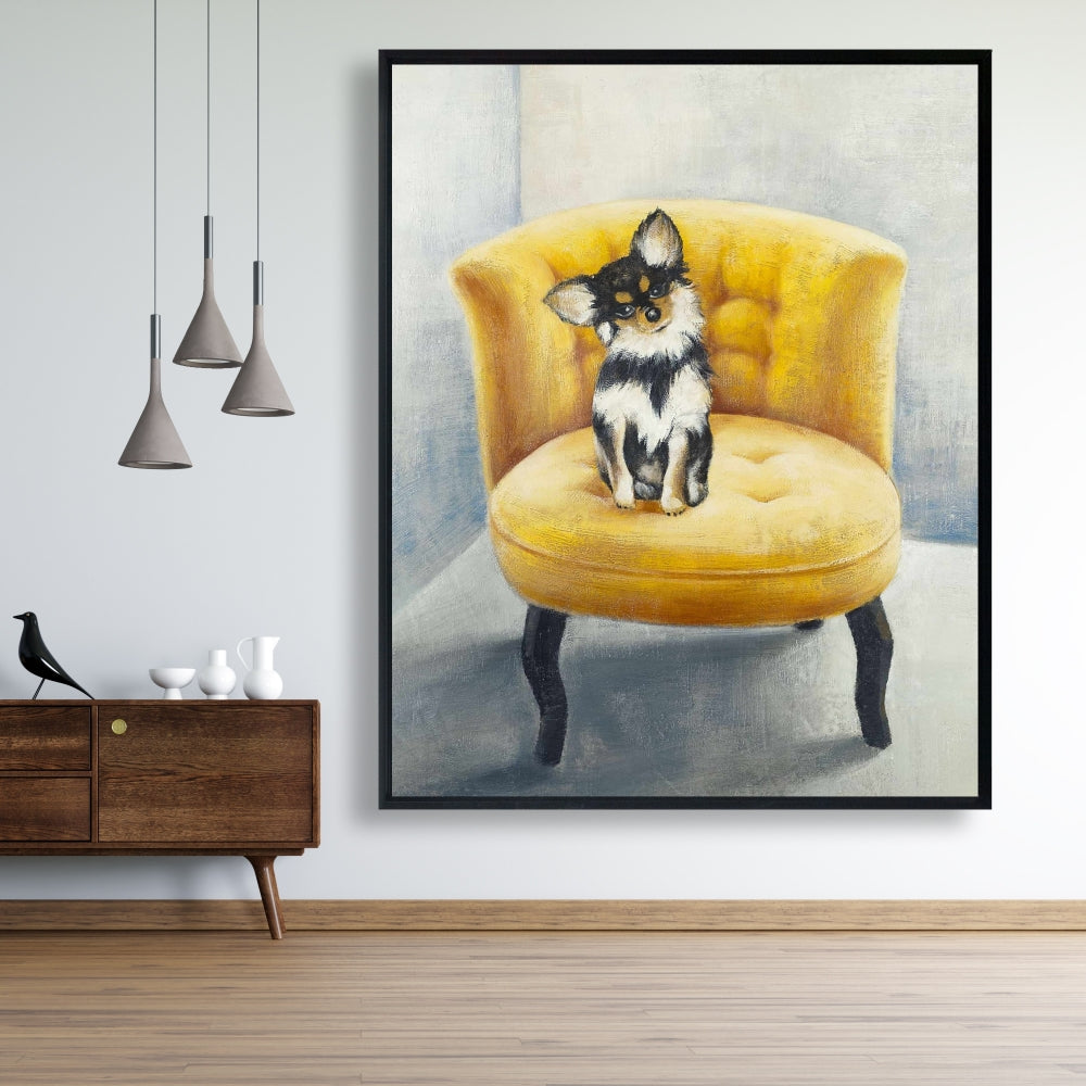 Contemporary Gray Canvas - Long-haired Chihuahua on Yellow Chair