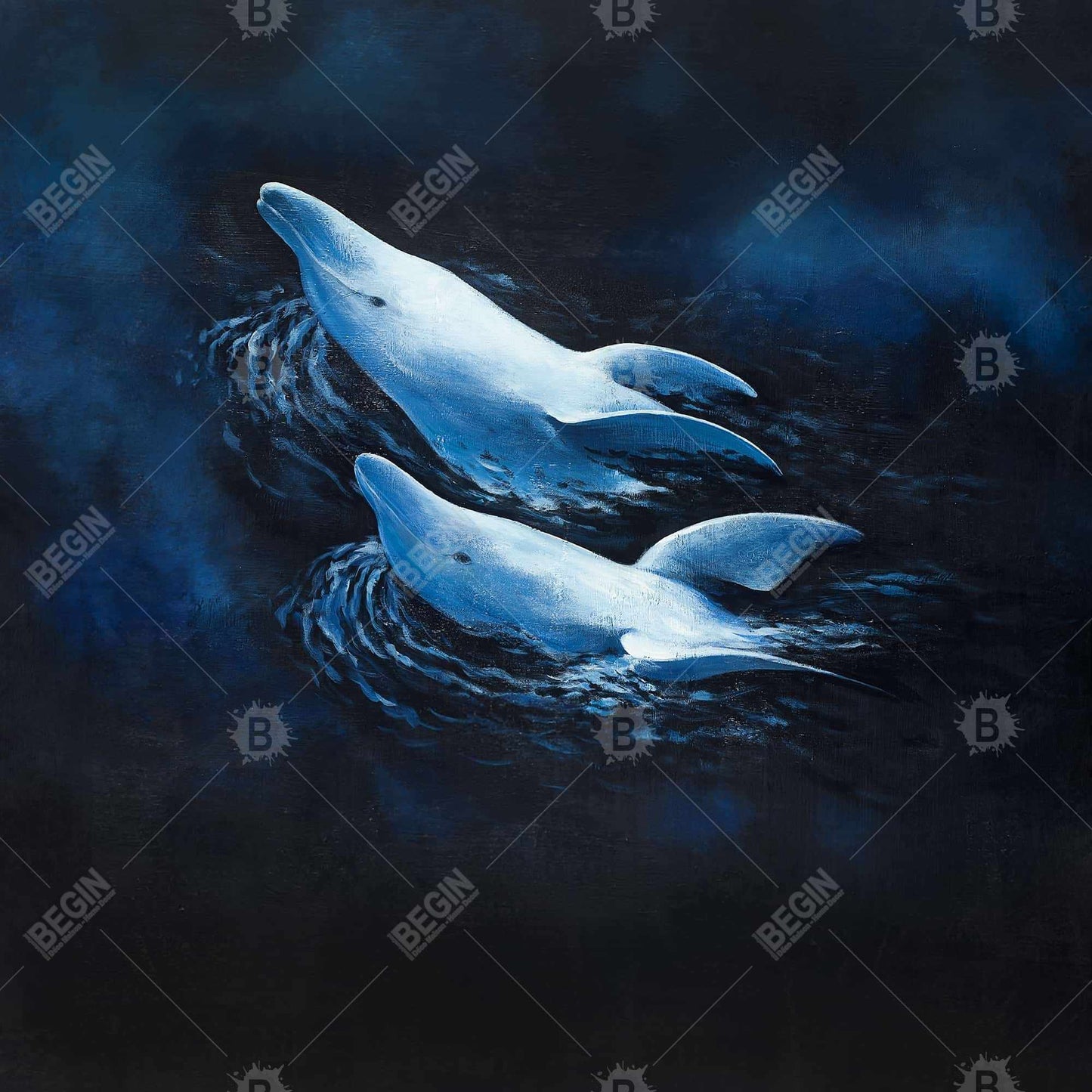 Two Swimming Dolphins Canvas - Blue Aquatic Home Decor Art