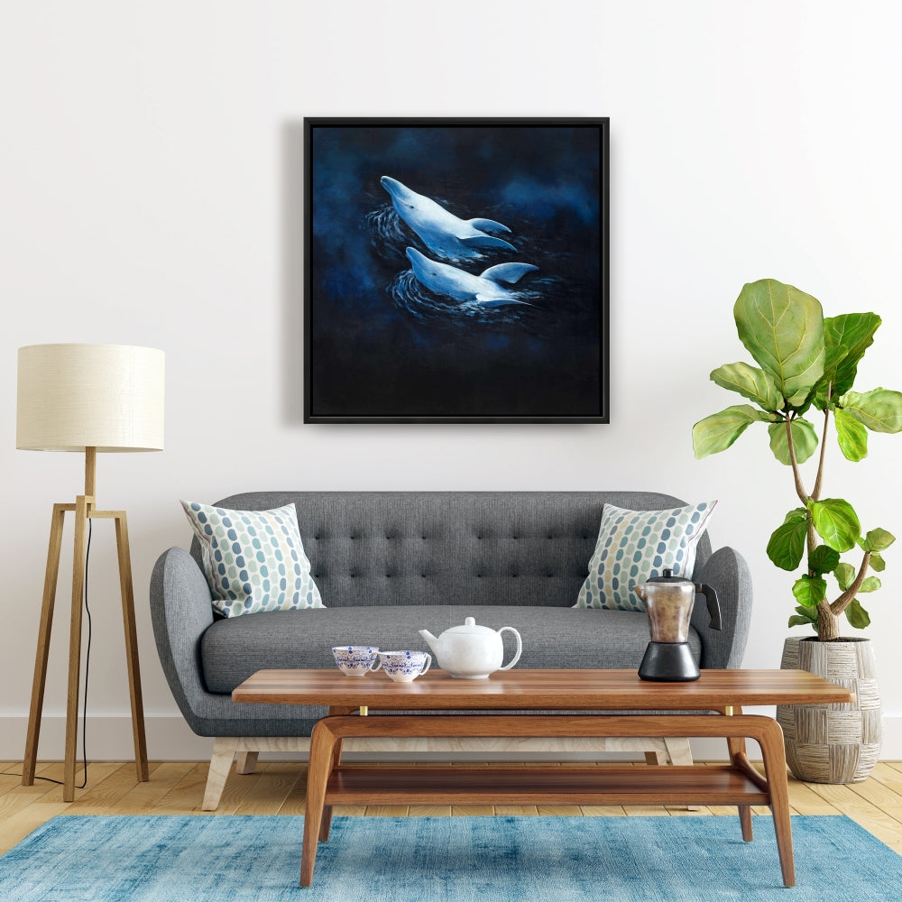 Toile représentant deux dauphins nageurs – Décoration d'intérieur aquatique bleue