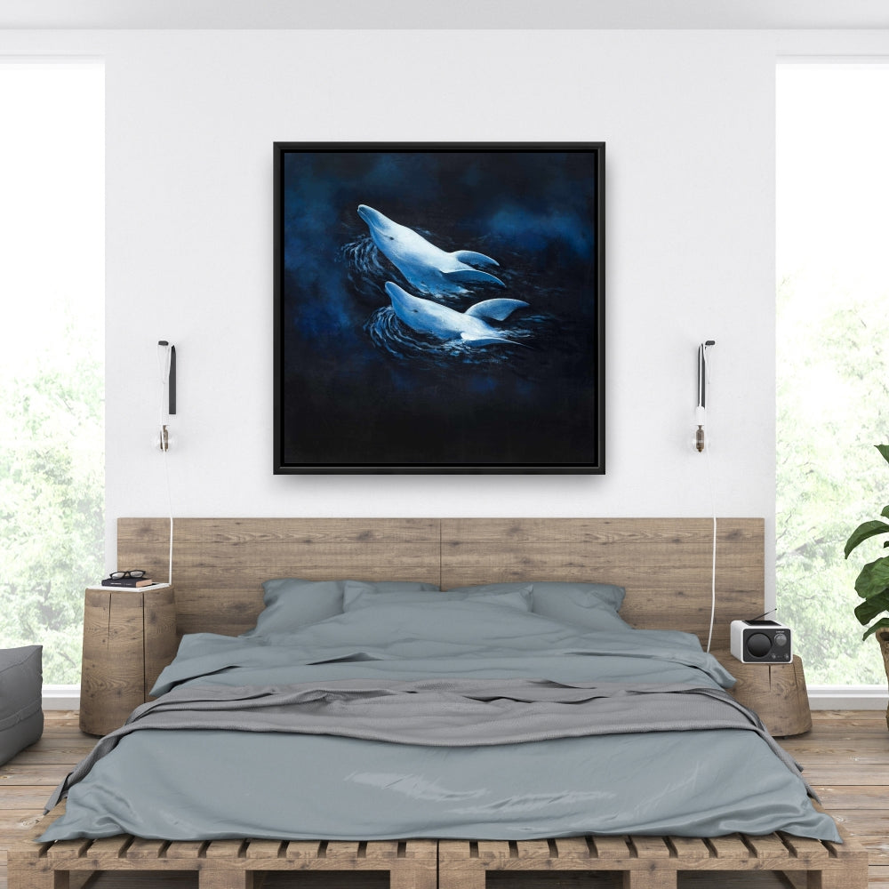 Toile représentant deux dauphins nageurs – Décoration d'intérieur aquatique bleue