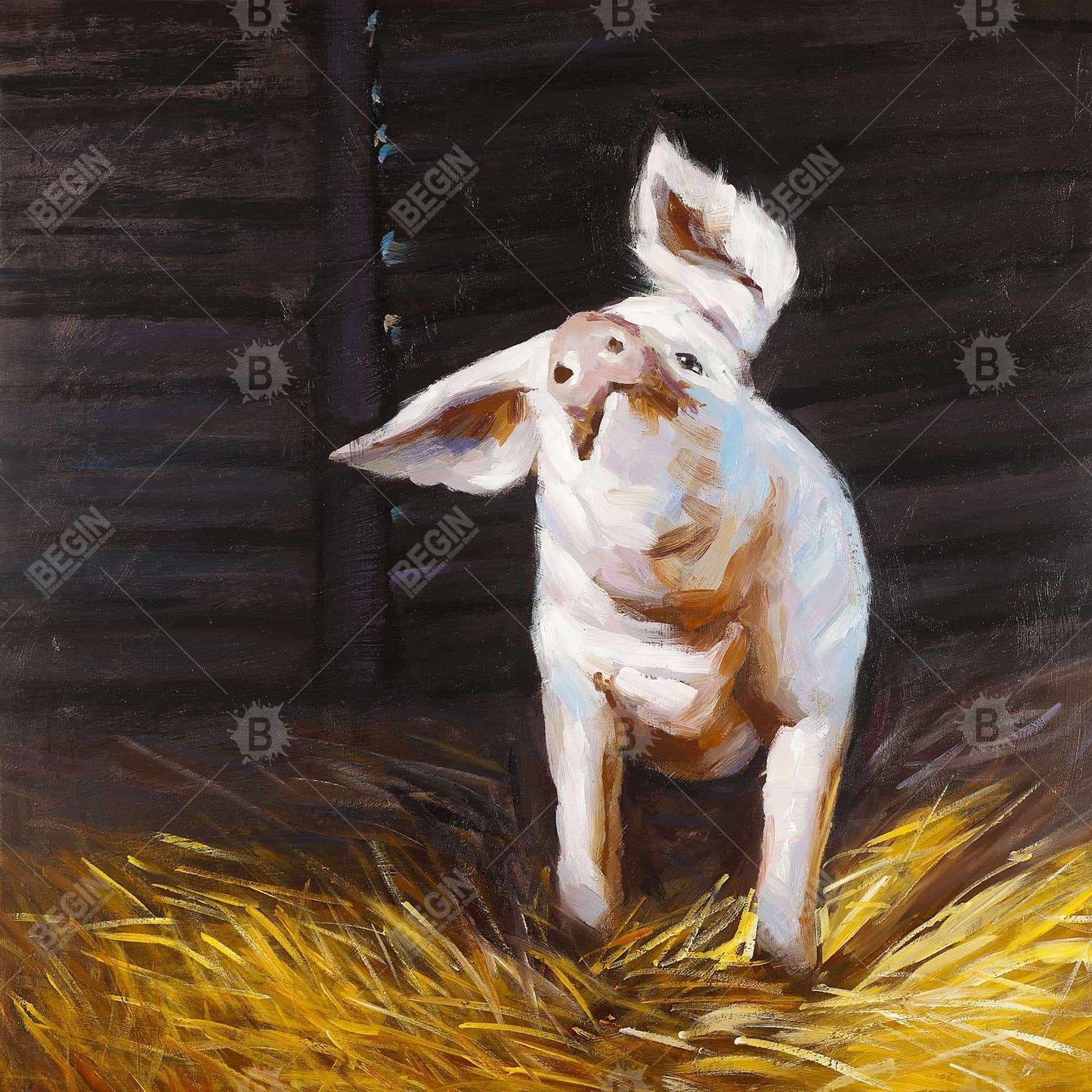 Happy Pig Farm Animal Canvas | Brown Framed Home Decor