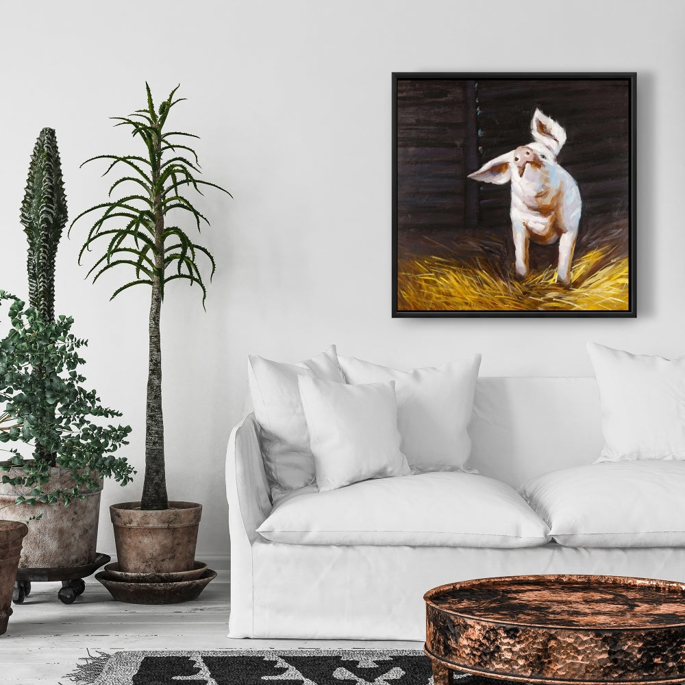 Happy Pig Farm Animal Canvas | Brown Framed Home Decor