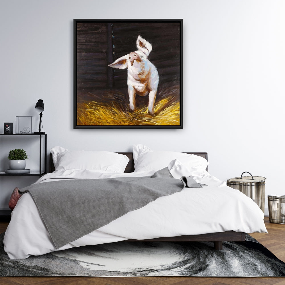 Happy Pig Farm Animal Canvas | Brown Framed Home Decor