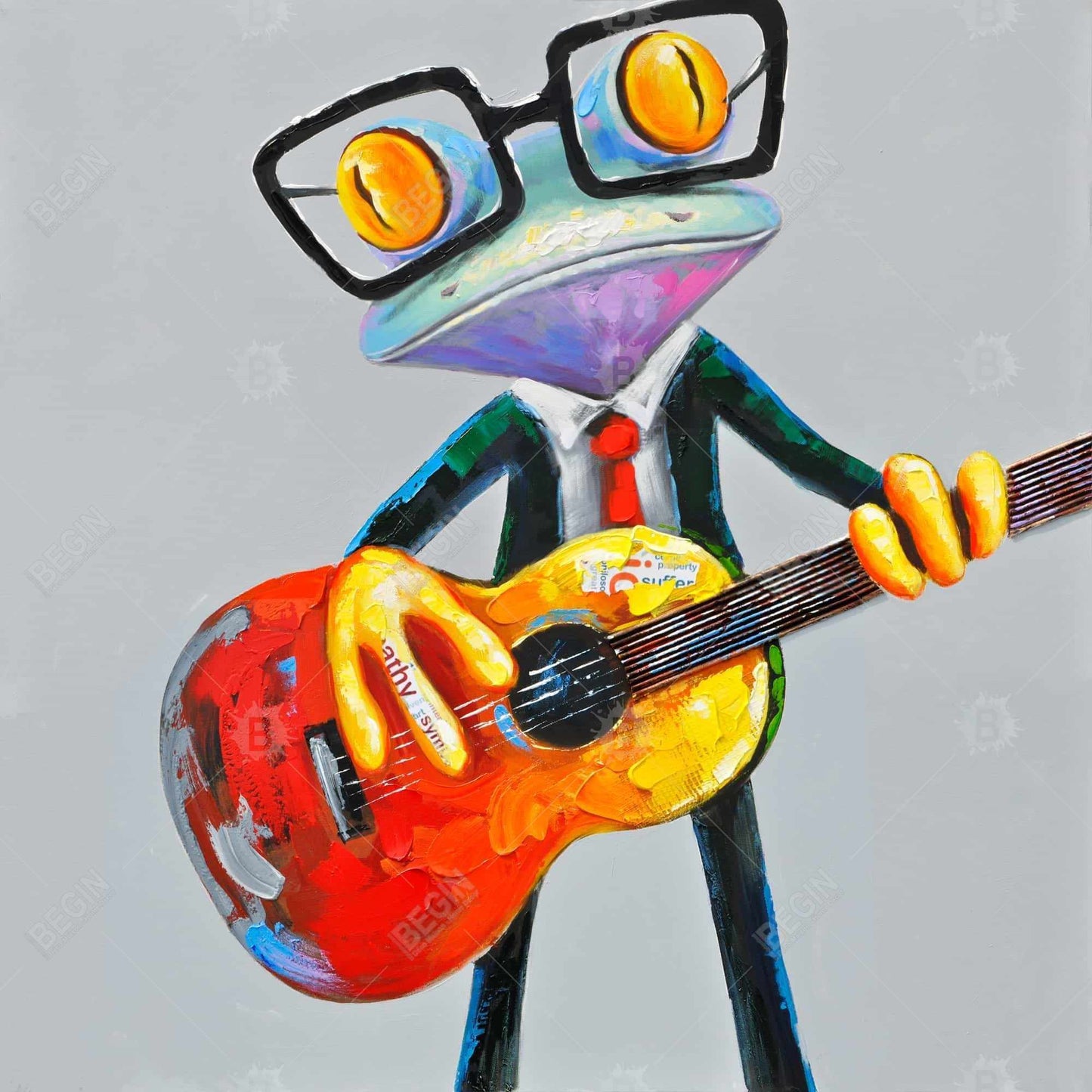 Funny Frog Playing Guitar Canvas | Gray Bedroom Wall Art