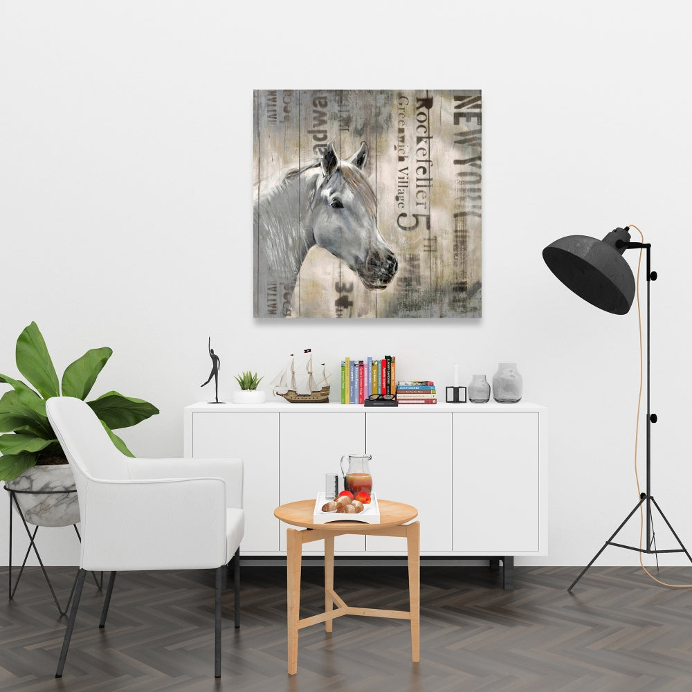 Toile rustique représentant un cheval blanc – Décoration de chambre à coucher avec animaux de la ferme