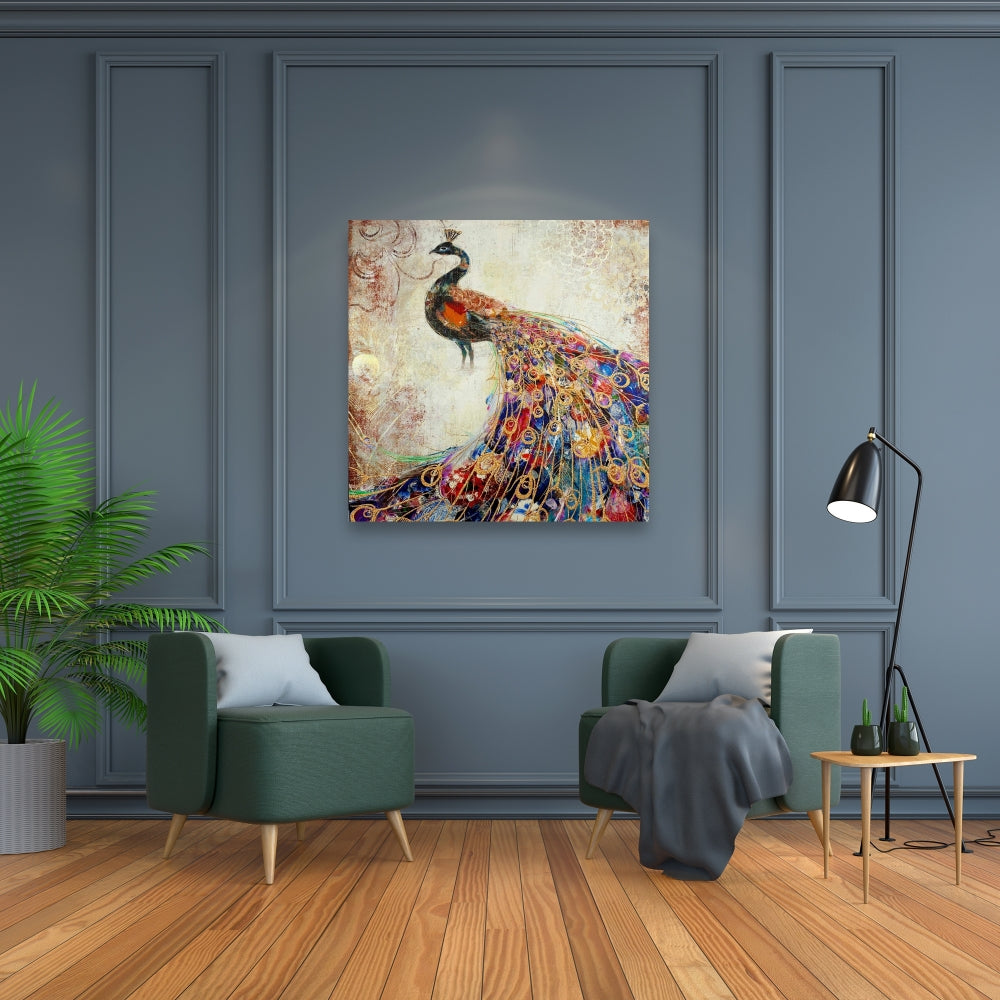 Majestic Peacock Canvas - Bedroom Bird Orange Home Decor