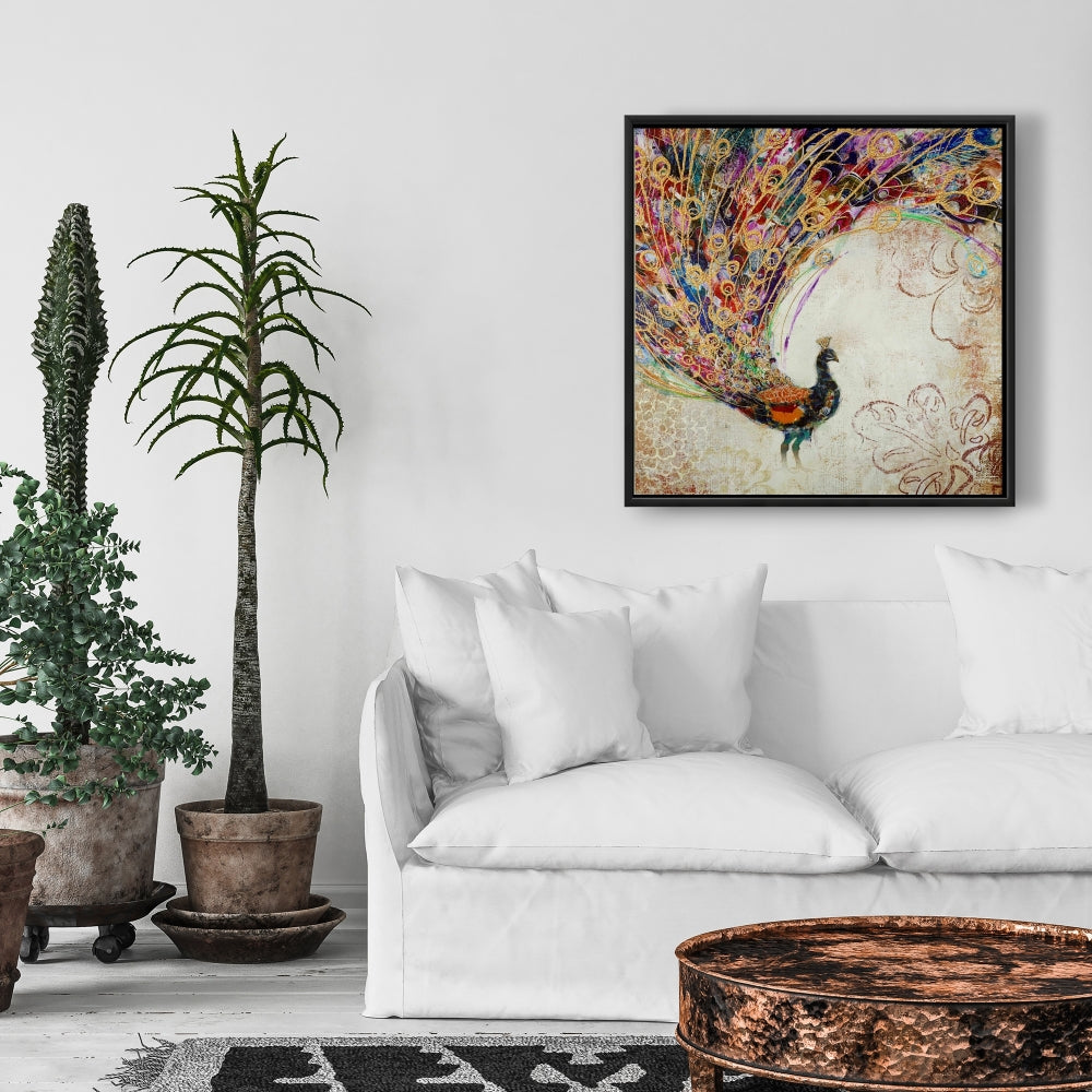Peacock Gold Feathers Canvas - Orange Animal Decor for Bedroom