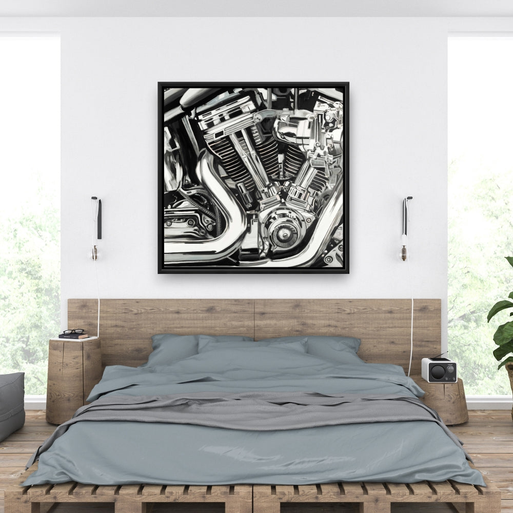 Motorcycle Mechanism Canvas | White Framed Art for Home Decor