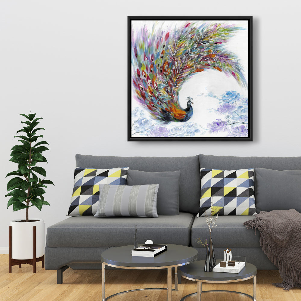 Colorful Peacock with Flowers Framed Canvas | Home Decor Art