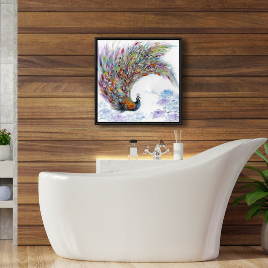 Toile encadrée « Paon coloré avec fleurs » | Décoration d'intérieur