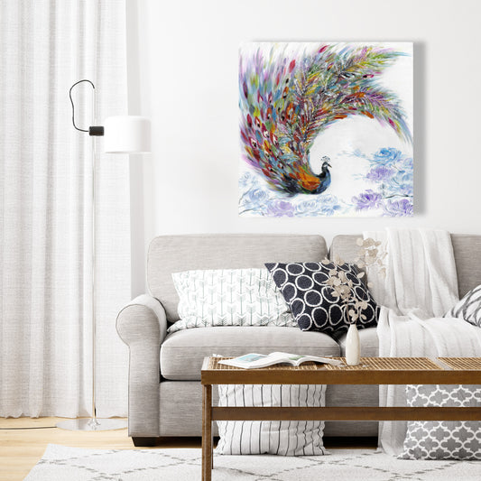 Colorful Peacock with Flowers Canvas - Modern Bedroom Decor