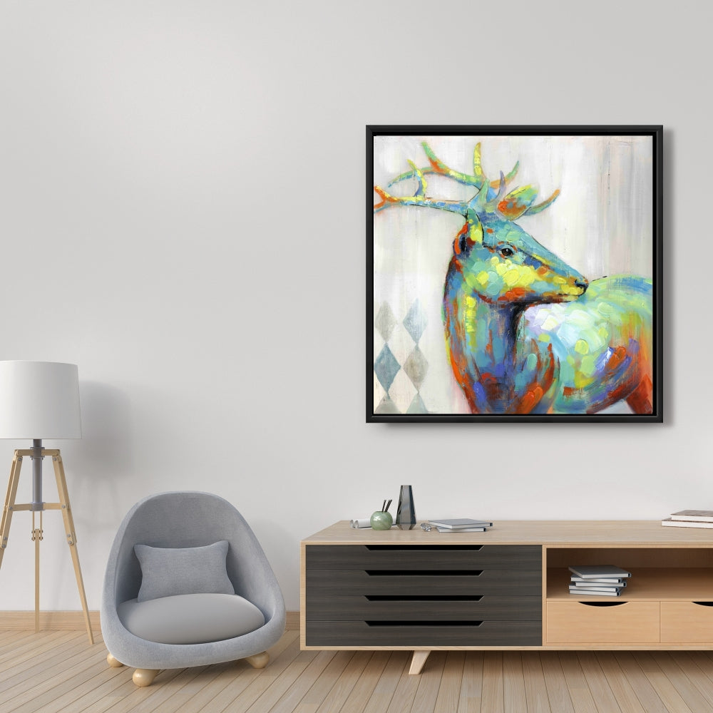Abstract Color Spotted Deer | Blue Framed Canvas Home Decor