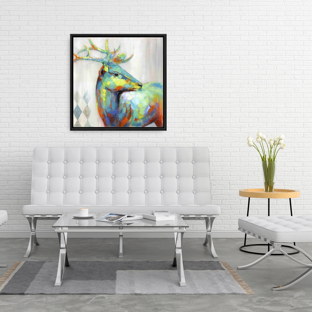 Abstract Color Spotted Deer | Blue Framed Canvas Home Decor