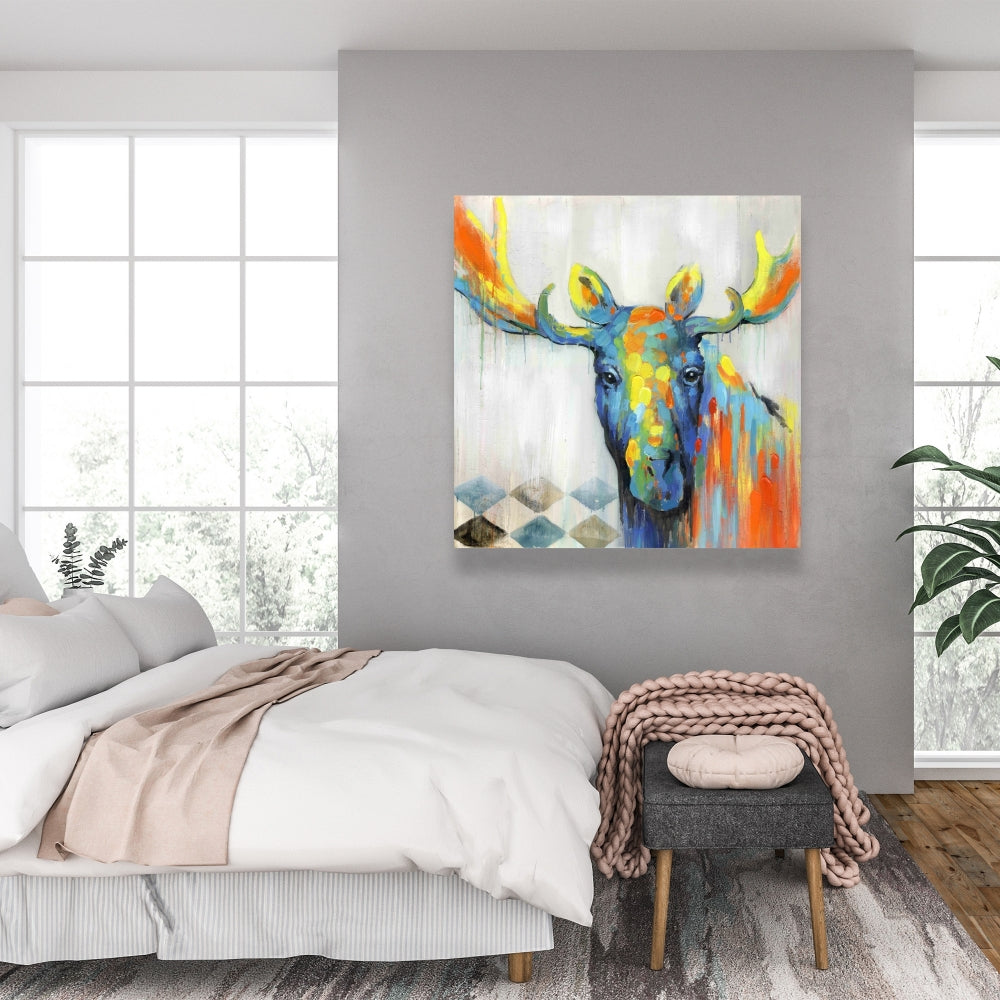 Colorful Abstract Moose | Blue Canvas Art for Home Decor