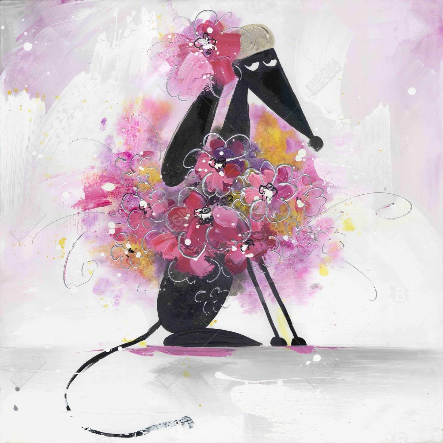 Cartoon Dog with Pink Flowers | Purple Bedroom Canvas Decor