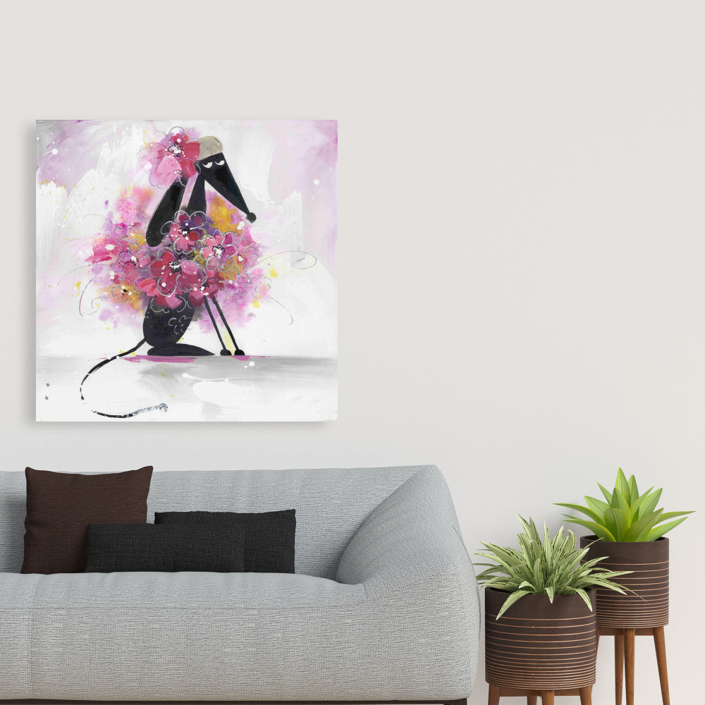 Cartoon Dog with Pink Flowers Canvas - Cute Animals Bedroom Decor