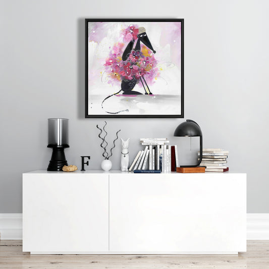 Chien de dessin animé avec fleurs roses | Décoration de chambre violette sur toile