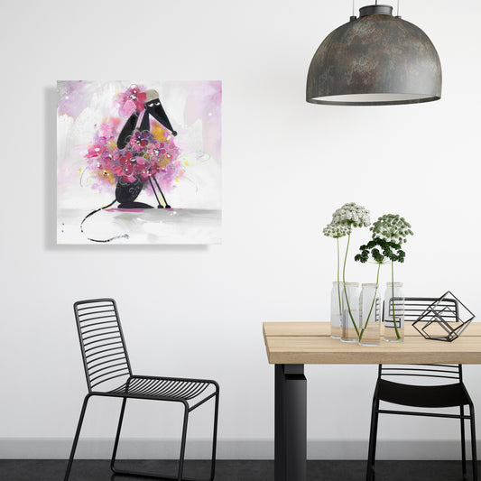 Toile représentant un chien de dessin animé avec des fleurs roses – Décoration de chambre avec des animaux mignons