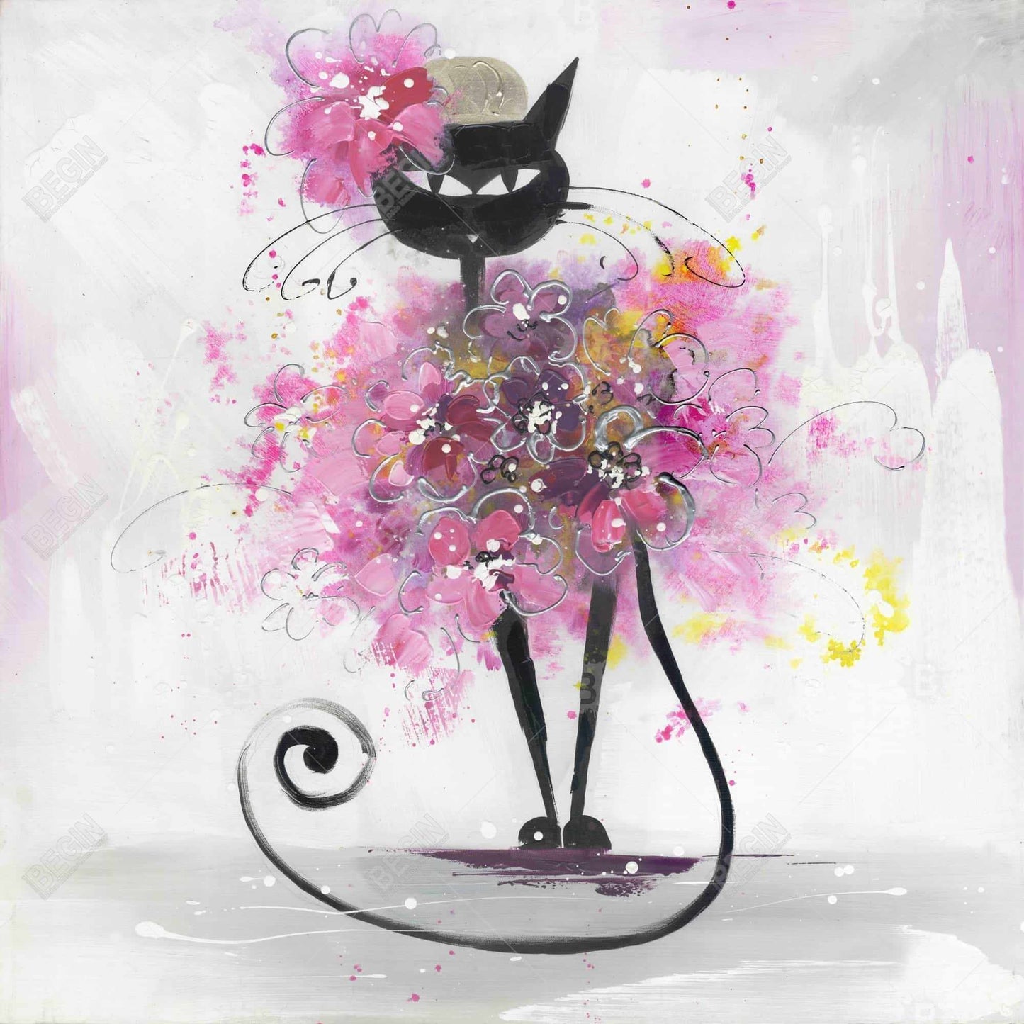 Cartoon Cat with Pink Flowers Canvas | Bedroom Animals Decor