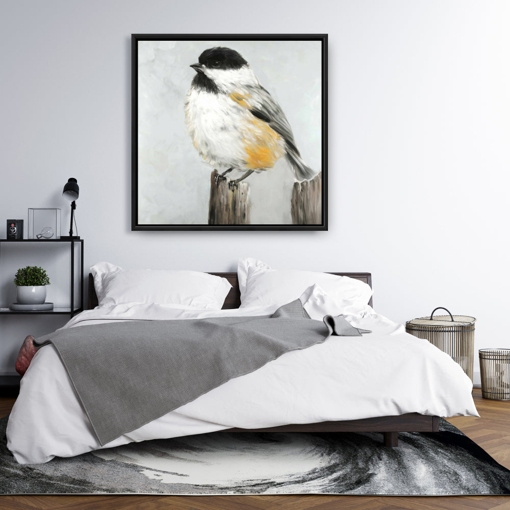 Gray Contemporary Bedroom Canvas - Coal Tit Bird Home Decor