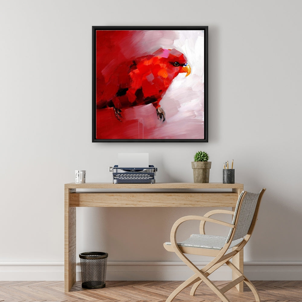 Toile encadrée abstraite représentant un perroquet rouge contemporain