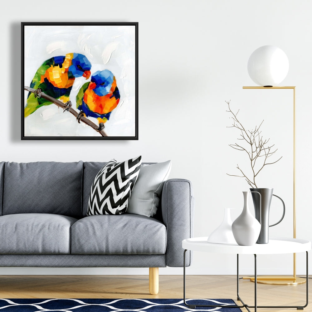 Couple of Parrots Canvas - Contemporary Blue Framed Art Decor