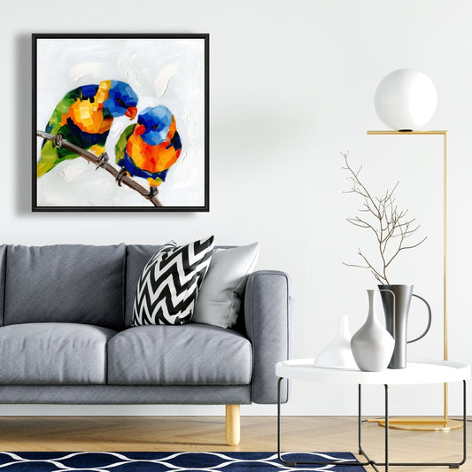 Couple de perroquets sur toile - Décoration d'art contemporaine encadrée bleue