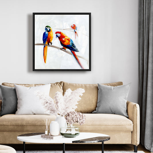 Toile « Perroquets sur une branche » – Décoration d'intérieur contemporaine encadrée