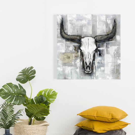 Bull Skull Industrial Canvas - Rustic White Bedroom Decor
