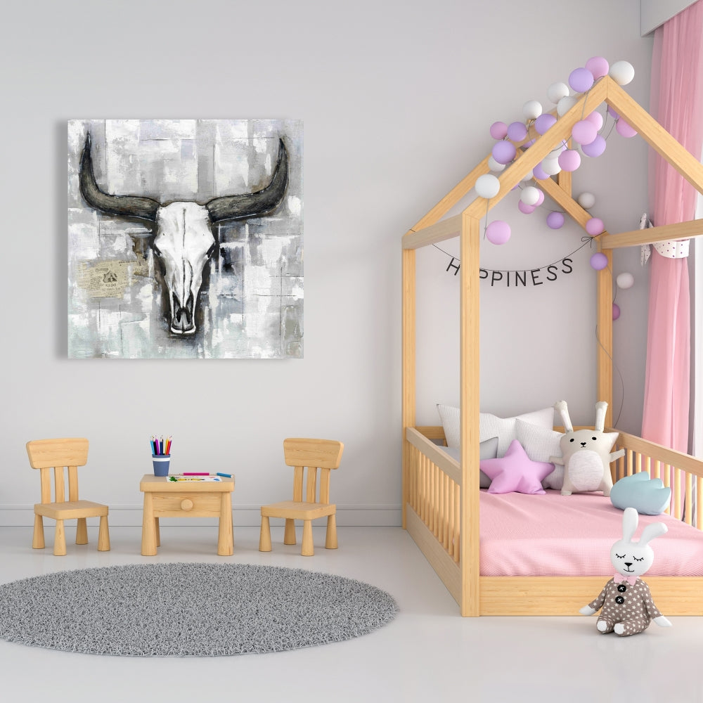 Bull Skull Industrial Canvas - Rustic White Bedroom Decor