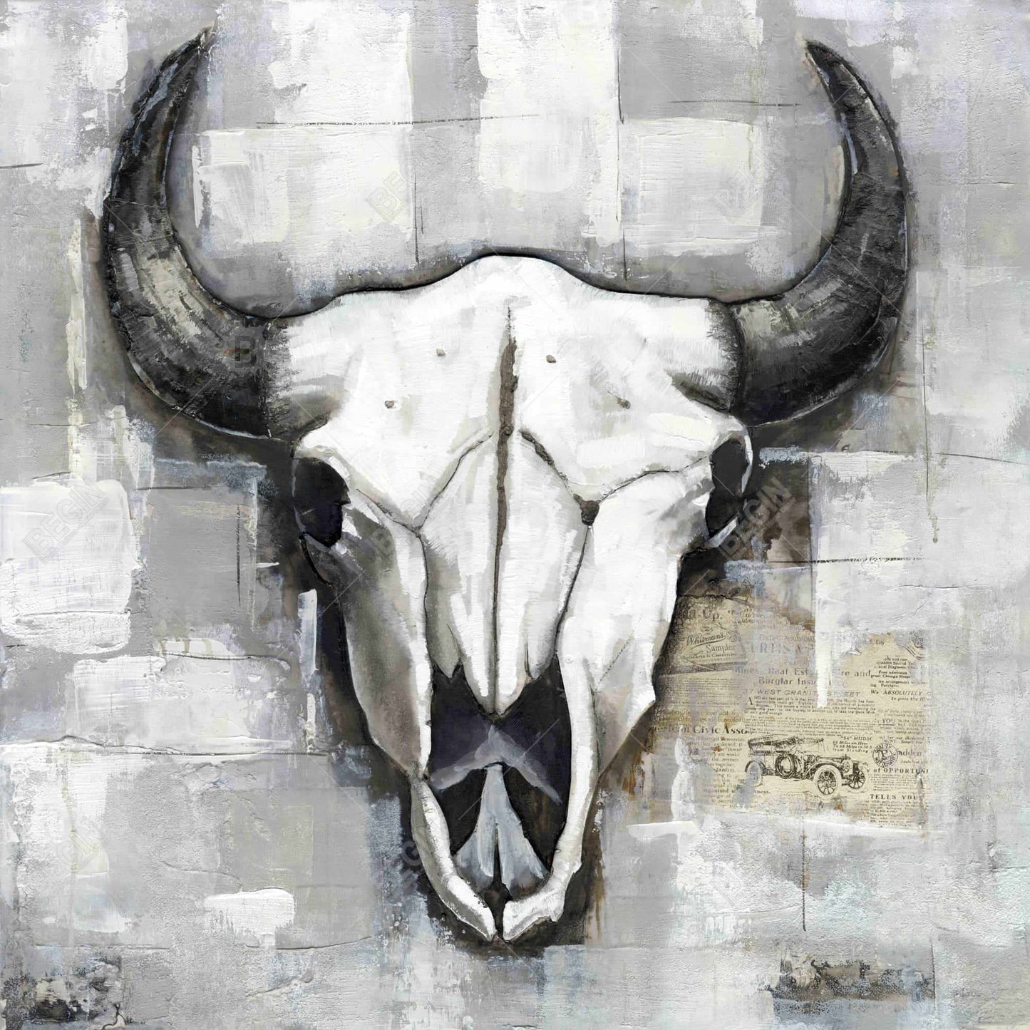 Industrial Bull Skull Canvas | White Bedroom Skull Decor
