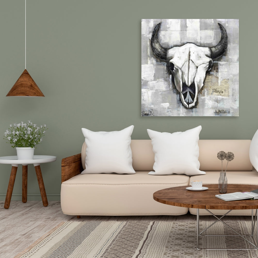 Toile Crâne de taureau blanc – Décoration de chambre de style industriel