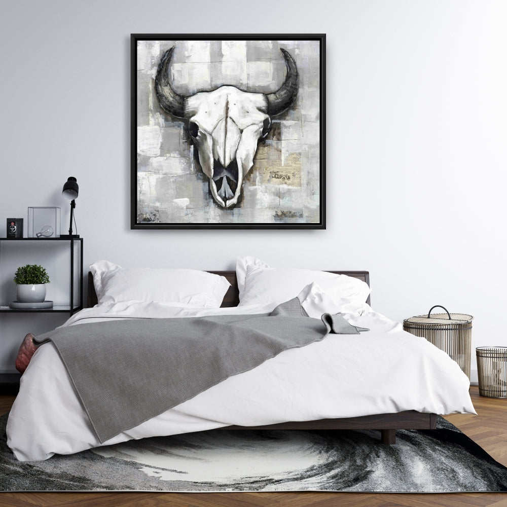 Industrial Bull Skull Canvas | White Bedroom Skull Decor