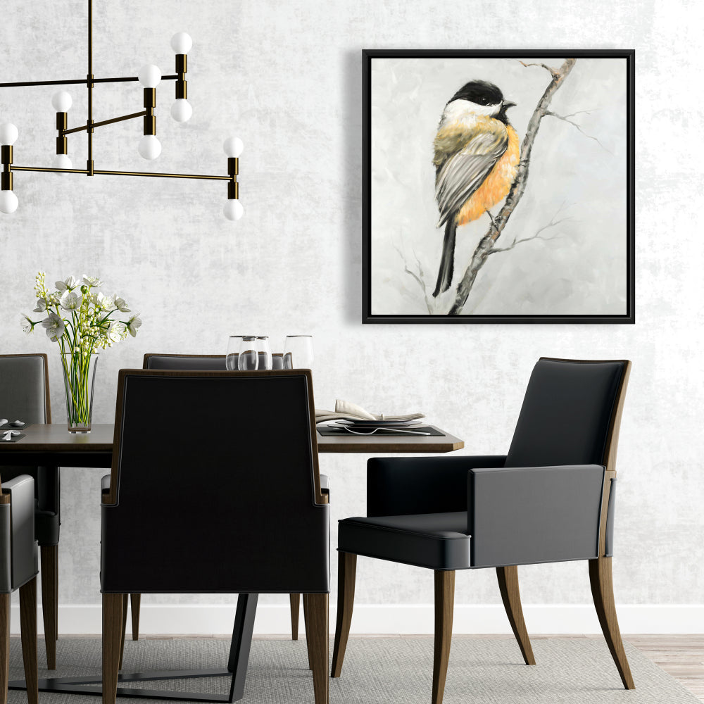 Small Coal Tit Canvas | Gray Framed Bird Art for Home Decor